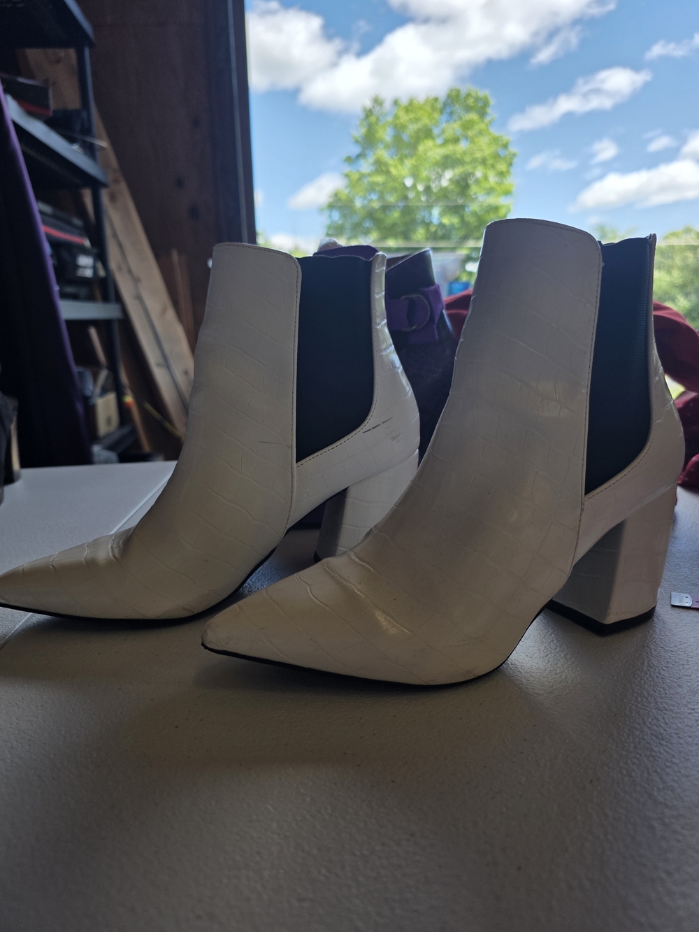 SHEIN White Croc-Embossed Pointed Toe Ankle Booties